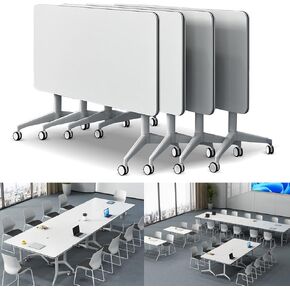 Folding Conference Table Modern Large Mobile Meeting Table Rolling Conference Room Tables with Wheels Seminar Tables for Office Training Classroom (White 4PCS, 70.9" * 23.6" * 29.5")