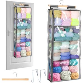 Hanging Yarn Storage, Knitting Organizer Storage with 4 Compartments, Clear Door Hanging Yarn Holder with Zipper and Hook, Large Capacity Pockets for Crochet Hooks Threads Clothes Purses