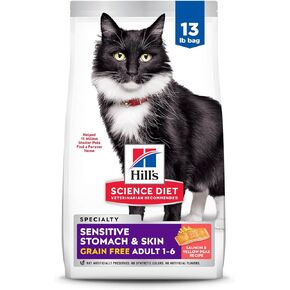 Hill's Science Diet Sensitive Stomach & Skin, Adult 1-6, Stomach & Skin Sensitivity Support, Dry Cat Food, Grain Free Salmon & Yellow Peas, 13 lb Bag