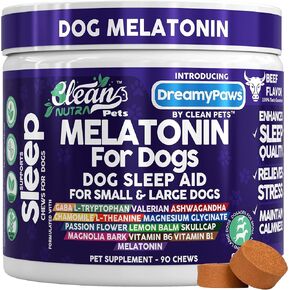 Clean Nutra Dog Melatonin for Dogs Sleep Aid for Small & Large Dogs, Dog Sleep Aid L Theanine L Tryptophan and Natural Calming Ingredients - 90 Soft Chews
