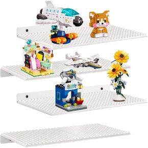 4-Pack Display Shelves for Building Bricks, Mini Action Figure Display Shelf with Brick Building Baseplate, Metal Floating Magnetic Figure Display Cabinet Wall Mount for Lego Building Bricks (White)