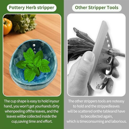 Pottery Herb Stripper Bowl -2025 أداة سيراميك مصنوعة يدويًا جديدًا لـ Kale ، البنجر ، الأعشاب - مثالية للمنزل والمطبخ ، دائم (Blue Glaze) in Saudi Arabia