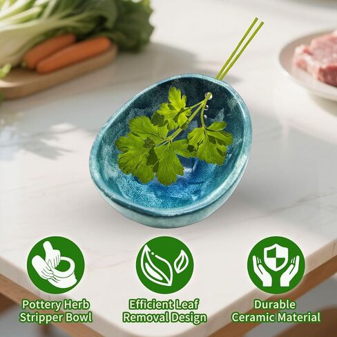 Pottery Herb Stripper Bowl -2025 أداة سيراميك مصنوعة يدويًا جديدًا لـ Kale ، البنجر ، الأعشاب - مثالية للمنزل والمطبخ ، دائم (Blue Glaze) in Saudi Arabia