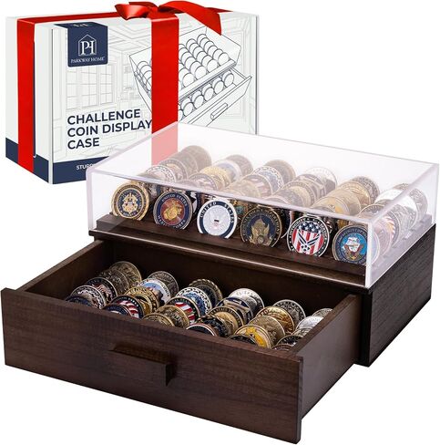 Large Wooden Challenge Coin Display Case with Clear Cover - Military Coin Display Case Holds 36 Coins on Top & 36 in The Storage Drawer - Versatile Coin Stand Holder & Poker Chip Display Case - Brown in Kuwait