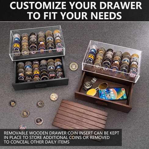 Large Wooden Challenge Coin Display Case with Clear Cover - Military Coin Display Case Holds 36 Coins on Top & 36 in The Storage Drawer - Versatile Coin Stand Holder & Poker Chip Display Case - Brown in Kuwait