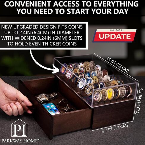 Large Wooden Challenge Coin Display Case with Clear Cover - Military Coin Display Case Holds 36 Coins on Top & 36 in The Storage Drawer - Versatile Coin Stand Holder & Poker Chip Display Case - Brown in Kuwait
