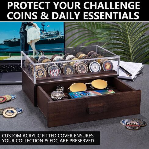 Large Wooden Challenge Coin Display Case with Clear Cover - Military Coin Display Case Holds 36 Coins on Top & 36 in The Storage Drawer - Versatile Coin Stand Holder & Poker Chip Display Case - Brown in Kuwait
