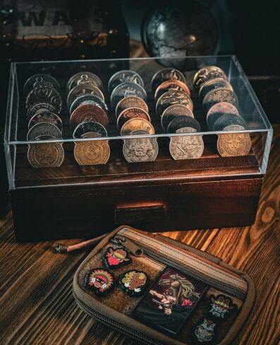Large Wooden Challenge Coin Display Case with Clear Cover - Military Coin Display Case Holds 36 Coins on Top & 36 in The Storage Drawer - Versatile Coin Stand Holder & Poker Chip Display Case - Brown in Kuwait