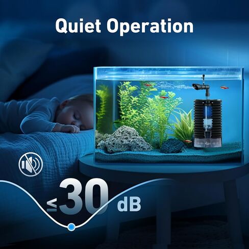 مرشح AQQA USB Aquarium DC 5V Whisper Fish Tank Filter Filter Triple Filtration مع وسائل الإعلام الحيوية ومرشح التدفق القابل للتعديل في السرير المميت لما يصل إلى 26 جالًا من المياه العذبة أو مائية المياه المالحة (3W 66GPH) in Kuwait
