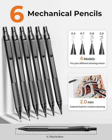 30pcs قلم رصاص ميكانيكي معدني أسود في علبة جلدية ، 0.5/0.7/0.9/0.9/2.0 ملم بقلصات صياغة مع 16 أنابيب خيوط الجرافيت (6B 4B 2B HB 2H 4H) وملء ملونة للرسم ، الرسم ، الكتابة ، الكتابة in Kuwait