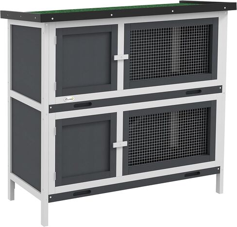 PawHut Wooden Bunny Rabbit Hutch, Small Animal Habitat with Ramp, Removable Tray & Weatherproof Roof, Indoor/Outdoor, Grey in Saudi Arabia
