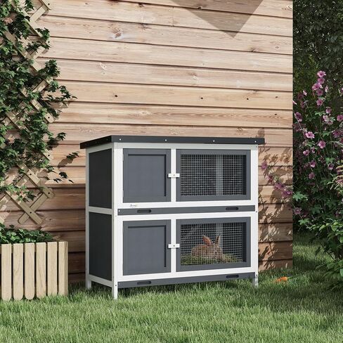 PawHut Wooden Bunny Rabbit Hutch, Small Animal Habitat with Ramp, Removable Tray & Weatherproof Roof, Indoor/Outdoor, Grey in Saudi Arabia