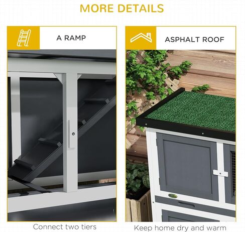 PawHut Wooden Bunny Rabbit Hutch, Small Animal Habitat with Ramp, Removable Tray & Weatherproof Roof, Indoor/Outdoor, Grey in Saudi Arabia