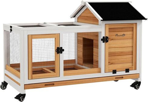 PawHut Indoor Outdoor Wooden Rabbit Hutch with Wheels, Large Bunny Hutch with Run & Slide-Out Tray for Small Animals, Guinea Pig, Gray in Saudi Arabia