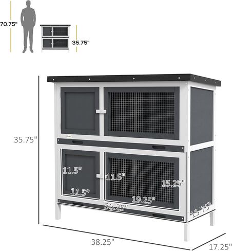 PawHut Wooden Bunny Rabbit Hutch, Small Animal Habitat with Ramp, Removable Tray & Weatherproof Roof, Indoor/Outdoor, Grey in Saudi Arabia