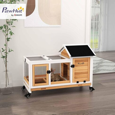 PawHut Indoor Outdoor Wooden Rabbit Hutch with Wheels, Large Bunny Hutch with Run & Slide-Out Tray for Small Animals, Guinea Pig, Gray in Saudi Arabia