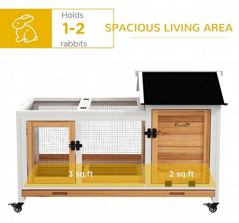 PawHut Indoor Outdoor Wooden Rabbit Hutch with Wheels, Large Bunny Hutch with Run & Slide-Out Tray for Small Animals, Guinea Pig, Gray in Saudi Arabia
