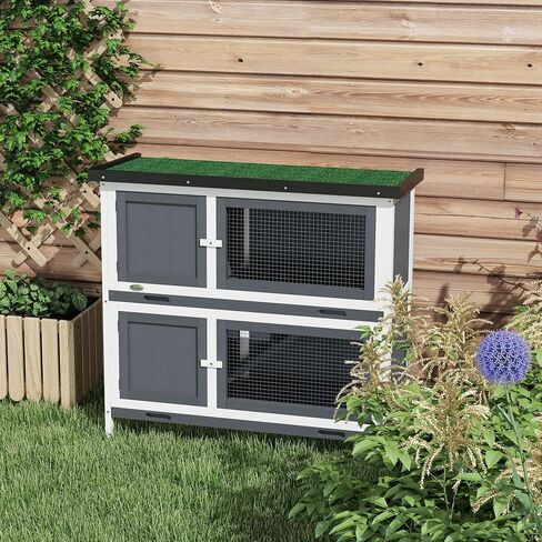 PawHut Wooden Bunny Rabbit Hutch, Small Animal Habitat with Ramp, Removable Tray & Weatherproof Roof, Indoor/Outdoor, Grey in Saudi Arabia