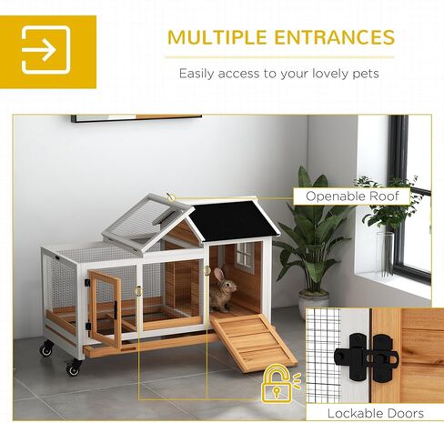 PawHut Indoor Outdoor Wooden Rabbit Hutch with Wheels, Large Bunny Hutch with Run & Slide-Out Tray for Small Animals, Guinea Pig, Gray in Saudi Arabia