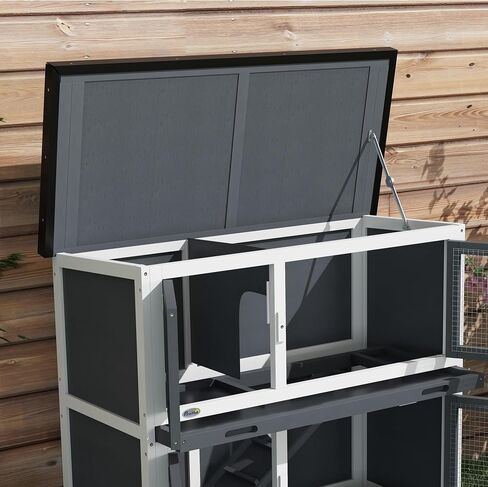 PawHut Wooden Bunny Rabbit Hutch, Small Animal Habitat with Ramp, Removable Tray & Weatherproof Roof, Indoor/Outdoor, Grey in Saudi Arabia