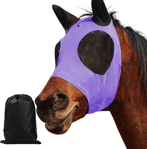 Horse Fly Mask Comfort Stretchy UV Protection Elasticity Fly Mask with Ears Mesh Breathability Horse Face Covering Purple Large in Saudi Arabia