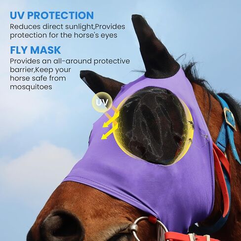 Horse Fly Mask Comfort Stretchy UV Protection Elasticity Fly Mask with Ears Mesh Breathability Horse Face Covering Purple Large in Saudi Arabia