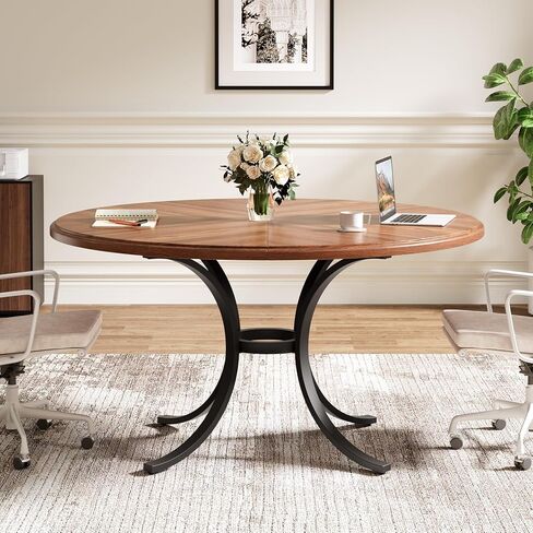 Tribesigns 47" Round Conference Table for 4-6, Small Meeting Table with Wooden Texture Surface and Thicken Metal Base (Brown) in Saudi Arabia