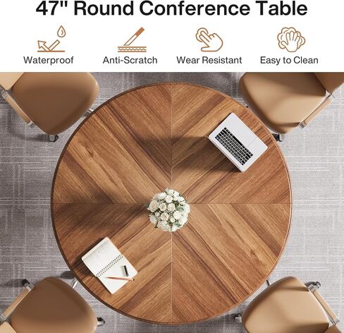 Tribesigns 47" Round Conference Table for 4-6, Small Meeting Table with Wooden Texture Surface and Thicken Metal Base (Brown) in Saudi Arabia