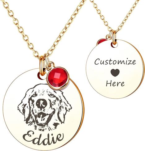 Anavia Personalized Pet Portrait Necklace, 12 Month of Birthstone Charm Options, Handmade Photo Custom Pet Memorial Jewelry Gift for Women, Round Disc Coin Necklace for Dog Cat Lovers in Saudi Arabia