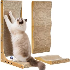 Cat Scratcher with Replacement Cardboard, 27.6" L Shape Wall Mounted Cardboard Cat Scratchers for Indoor Cats, Large Protecting Furniture Cat Scratch Pad with Ball Toy, Catnip