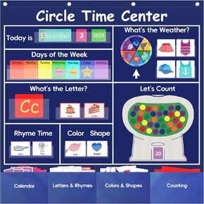 Circle Time Learning Center Classroom Pocket Chart,Circle Time Calendar Preschool Include 224 Cards, Educational Pocket Chart Material,Learning Calendar Weather Letter Counting Color Shape