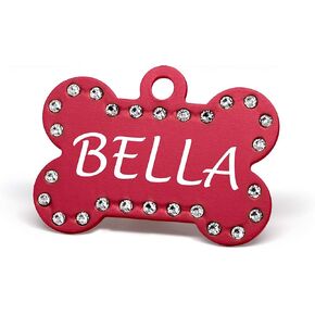 Custom Engraved Pet ID Tags with Swarovski Crystal - 1.5" Long x 1" Tall, Anodized Aluminum, Bone Shape, Pink