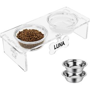 Clear Acrylic Elevated Dog Bowls with Writable Name Signs - 2×21oz Thick Glass & 2×Stainless Steel Bowls, 4.5" Height Raised Pet Feeder Stand, Food and Water Bowl Set for Cats Small Dogs