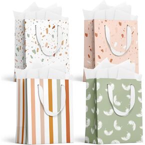 slapaflife Gift Bags Medium Size, Tissue Paper for Gift Bags Incl.Cards & Self-adhesive Envelope - Reusable & For Birthday, Mothers Day, Wedding, Baby Shower and Any Occasion.(4 Pack- 9")