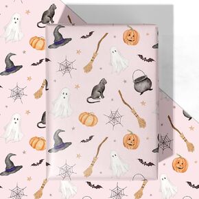 Wraplulu Pink Halloween Paper - 4 صفائح جامبو ، 28 * 40 بوصة - العنكبوت ، الأشباح ، القبعات الوهمة ، القطط ولف هدايا اليقطين ، مثالية لزخارف الهالوين ، عطلة ، حفلة