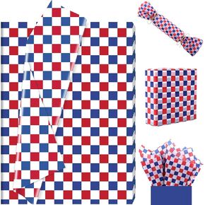 100 Sheet Red Blue Checkered Plaids Tissue Paper, 20x14 Patriotic Checker Pattern Gift Wrapping Paper for 4th of July DIY Crafts Memorial Day Party Supplies