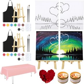 VOCHIC Sip and Paint Kit for Adult,2 Pack Pre Drawn Canvas Couple Painting Kit Date Night Couples Paint Art Set with Outline Canvas Polar Night Sky Valentine (8 x 10 Inches)
