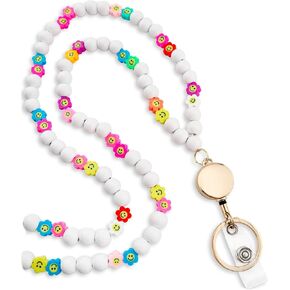 Smile Cute Teacher Lanyard for Women Retractable ID Badge Reel Chain and Keychain Beaded Lanyards For Keys