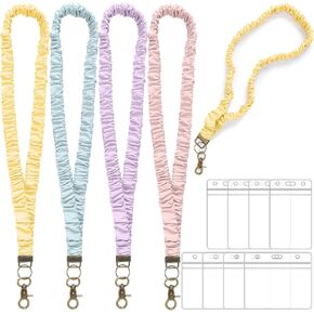 SATINIOR 4 Pcs Stretchy Scrunchie Lanyards with 8 ID Holder for ID Badges and Keys, Cute Neck Scrunchie Lanyard for Teacher Appreciation Gifts Nurses School Classroom(Multicolor,Pure Color Style)