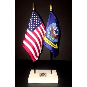 Made in the USA. 1 American and 1 United States Navy Rayon 4x6 Inch Office Desk & Little Table Flag Executive Set, Includes a 2-hole White ArcticSno Flag Base with a USA Great Seal and 2 Flags