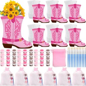Seenelling 12 Pack Cowboy Cowgirl Boot Vase Painting Set Ready to Paint Your Own Ceramic Unpainted Cowboy Painting Plaster DIY Paintable Kit Craft for Bachelor Bachelorette Party Baby Shower (Pink)