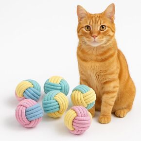 Cat Chew Balls-ألعاب Cat Rope ذات 6 عبوات مع صوت مترجع ، ناعم ودائم ، للقطط الداخلية والقطط والأسنان وصحة اللثة