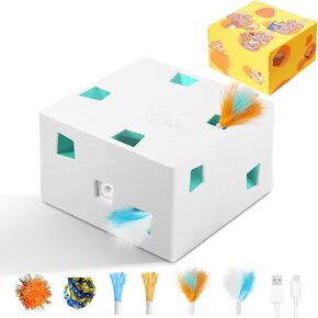 Migipaws Automatic MigiBox Cat Toys 3 n1 Interactive Pounce Mystery Under PopSkin 7 Holes Cardboard Kitten Toys for Indoor Rechargable 6 Accessories(Blue)