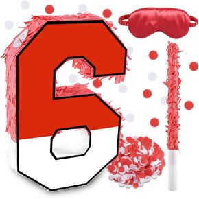 16 Inch Red and White Number 6 Pinata, Birthday Pinata with 16 Inch Piñata Stick Blindfold Confetti for Kids 6th Birthday Party Decorations