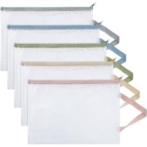 5Pcs A4 Mesh Zipper Pouch Bags with Handle, 13x9 Inches 5 Colors Clear Waterproof Plastic Storage Bag, Reusable Organizing Pouches for Toy File Board Game (Single Layer)