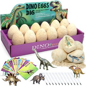 Dino Egg Dig Kit for Kids - Dinosaur Toys 12 Eggs, Dinosaur Fossils Digging Kit, Educational Learning Cards Easter Excavation Toy for 3-12 Year Old Archaeology Science STEM Gifts Boys & Girls