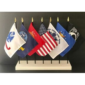 World Flags Direct MILITARY FLAG SET with Solid White Stand--8 Rayon 4 inchesx6 inches Flags, One Flag For Each Service; 4x6 Miniature Small Mini Desk Flags (Set with all Services, POW and USA)