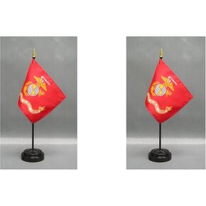 Made in the USA. 2 United States Marine Corps 4"x6" Miniature Desk & Table Flags Includes 2 Flag Stands & 2 Small Mini Stick Flags