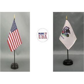American and Utah Flag Desk Set, 4x6 inch USA Made Set Includes 2 Flag Stands & 2 Small Rayon Mini Stick Flags Representing a State and the USA