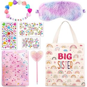 8 PCS Big Sister Gifts Set for Girls,Include Big Sister Rainbow Canvas Bag,Cute Plush Diary Note，Big Sister Bracelet,Heart Fluffy Pen,Soft Plush Sleeping Eye-Shade,3 Sheets Gem Animal Stickers